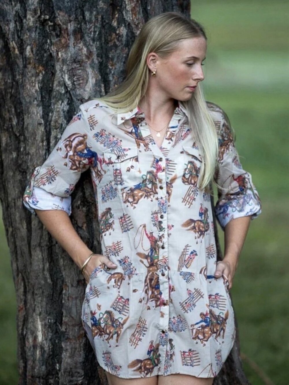 🤠 Tasha Polizzi Four Corners Tunic Dress M Rodeo Bucking Bronco Western 🤠